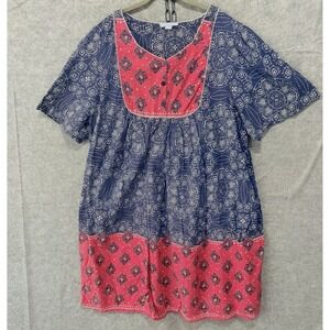 Only Necessities MuuMuu House Dress Sz 3X Blue Red Medallion Pockets Lightweight